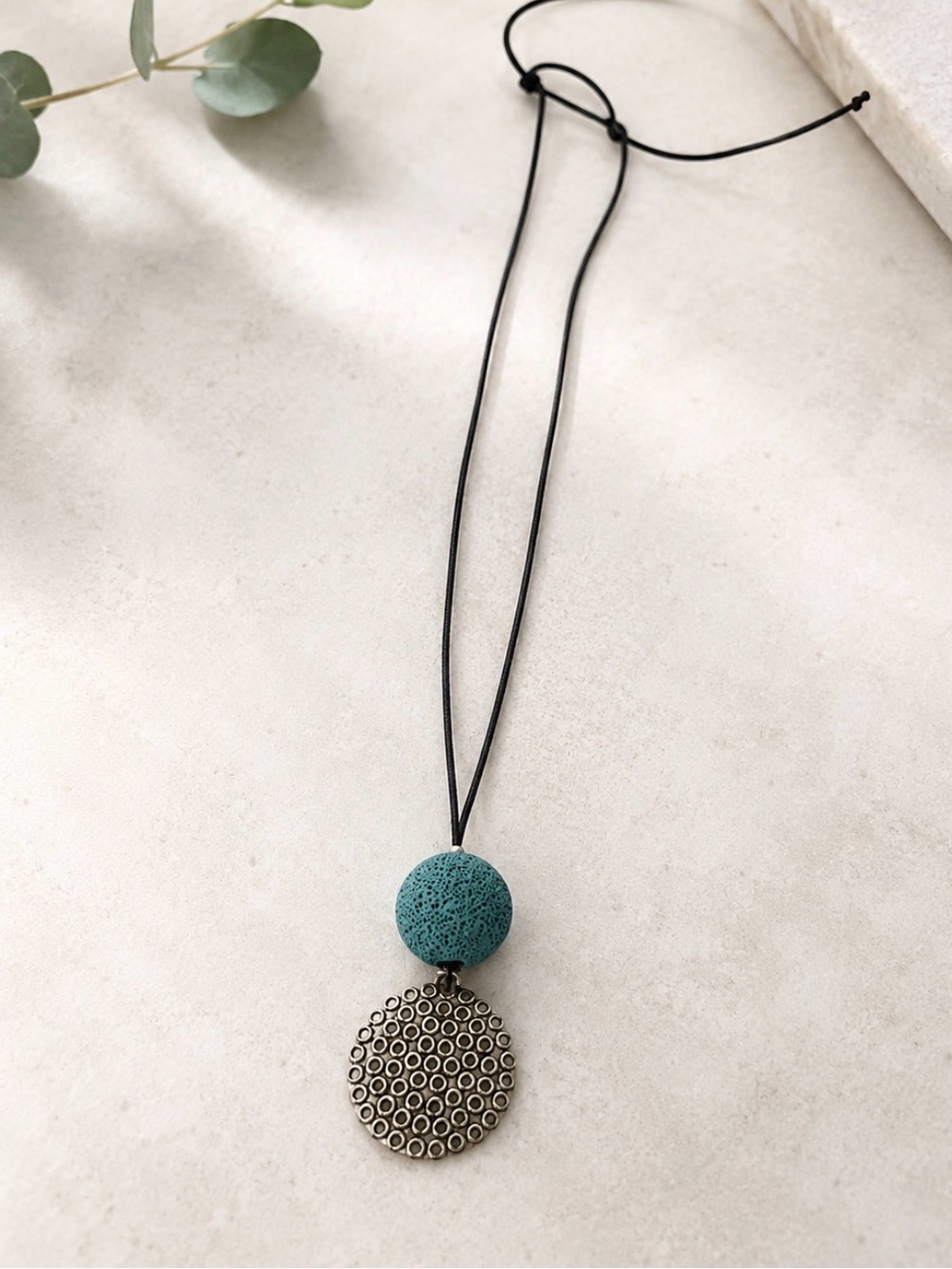 Bohemian Blue Lava Rock Diffuser Necklace Silver Medallion